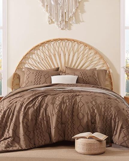 Queen Comforter Set Brown, Tufted Boho Bedding Farmhouse Bed Set, All Season 7 Pieces Bed in a Bag with Sheets, Pillowcases & Shams