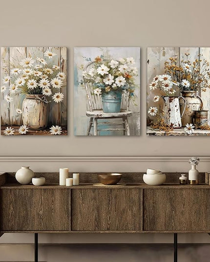 DUWQU 3 PCS Elegant Farmhouse Canvas Wall Art, Vintage Floral Pictures Art Wall Decor, Nature Themed Daisy Art Prints for Living Room Bedroom Kitchen and Office Ready to Hang 16×24 Inches