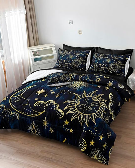Merryword 8 Pieces Universe Bed in a Bag Sun and Moon Comforter Set Full Size Galaxy Bedding Blue Gold Moon Star Pattern Bohemian Gothic Comforter Set for Boys Girls Women