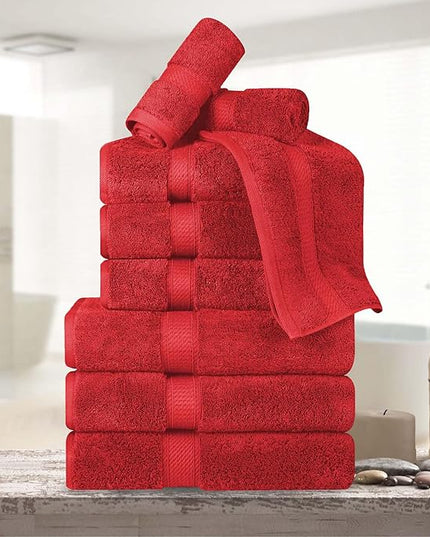 Superior Egyptian Cotton Pile 9 Piece Towel Set, Includes 3 Bath, 3 Hand, 3 Face Towels/Washcloths, Ultra Soft Luxury Towels, Thick Plush Essentials, Guest Bath, Spa, Hotel Bathroom, Red