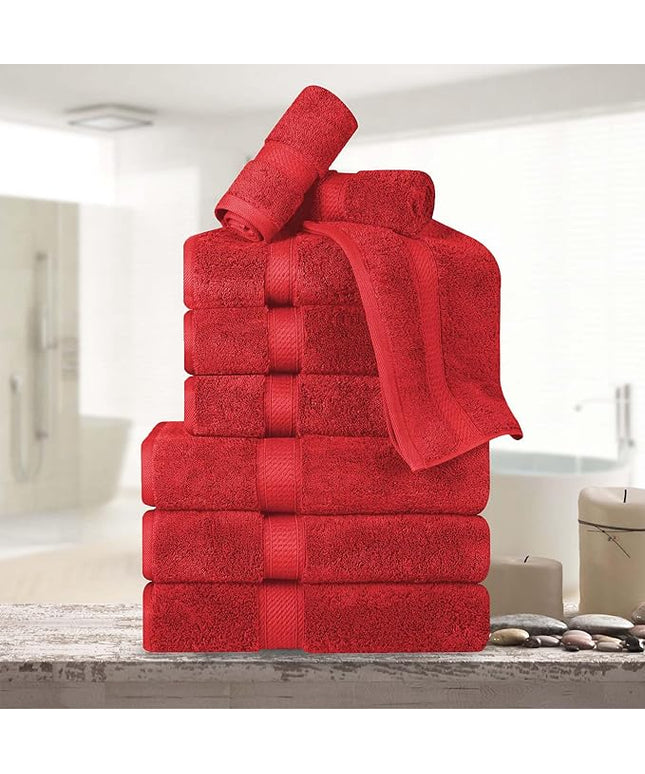 Superior Egyptian Cotton Pile 9 Piece Towel Set, Includes 3 Bath, 3 Hand, 3 Face Towels/Washcloths, Ultra Soft Luxury Towels, Thick Plush Essentials, Guest Bath, Spa, Hotel Bathroom, Red