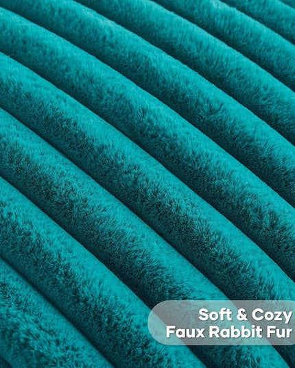 FUTEI Teal Green Throw Pillow Covers Set of 2, 28x28 Inch Striped Texture Euro Pillow Shams with Soft Faux Rabbit Fur Front & Velvet Back, Modern Decorative Couch Pillows for Living Room