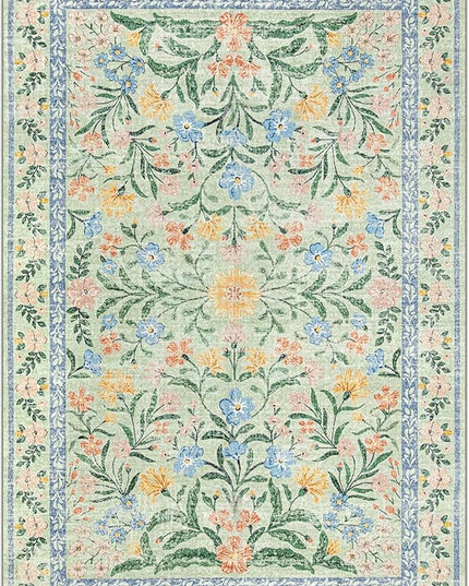 Wonnitar Washable Floral 6x9 Rug, Soft Green Area Rug Boho Non Slip Dining Room Carpet, Non-Shedding Flower Floor Carpets for Kids Bedroom Living Room Dorm Playroom