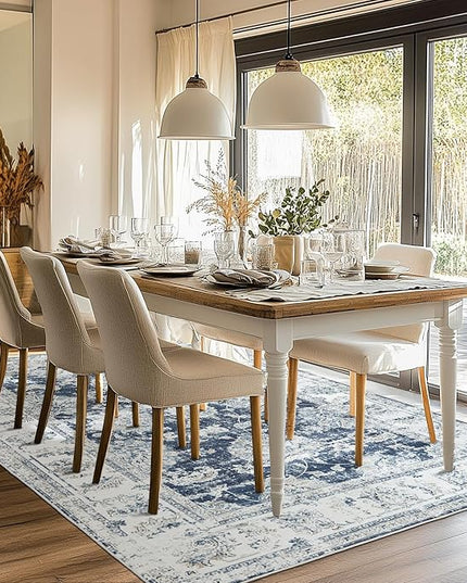 jinchan 9x12 Area Rugs for Living Room - Machine Washable Vintage Floral Distressed Design Stain Resistant Carpet Low Pile Non-Slip Large Rug for Bedroom Dining Room Home Office (9‘x12',Dark Blue)