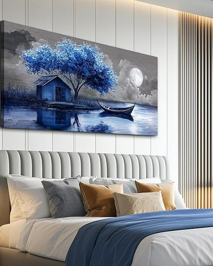 XIGUANGART Tree of Life Large Wall Art for Living Room Blue Boat and House Picture Paintings Abstract Art Prints Modern Nature Scenery Artwork Wall Decor for Bedroom Bathroom Office Home Decoration
