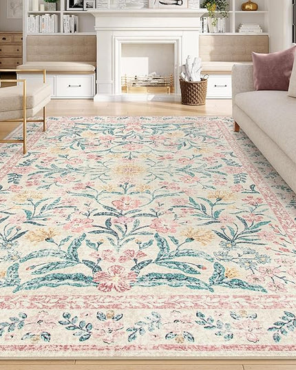 Wonnitar Floral Large Rugs for Living Room, Soft Light Pink Rug Washable 9x12 Carpet Non Slip, Boho Foldable Non-Shedding Kids Carpet for Bedroom Girls Nursery Dorm Playroom