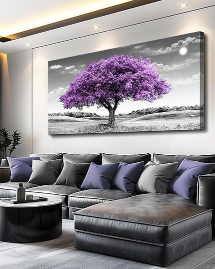 Canvas Wall Art for Living Room Large Wall Decor for Office Modern Bedroom Decorations Purple Tree Landscape Pictures Black and White Paintings Artwork Room Wall Mural Farmhouse Home Decor