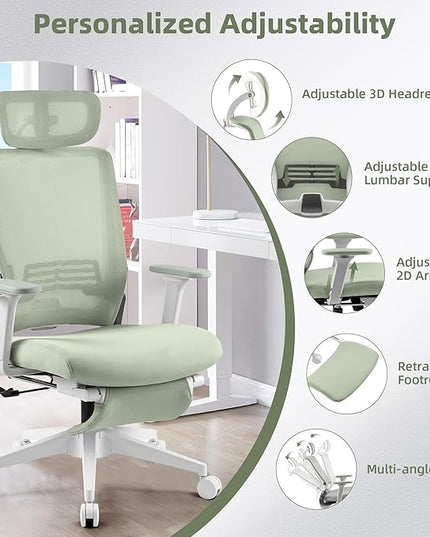 Foldable Office Chair with Foot Rest, Ergonomic Office Chair with Adjustable Lumbar Support, Headrest, Armrest, Home Office Desk Chair for Space Saving, Work from Home, Green