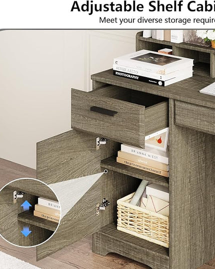 58 Inch Executive Desk with File Drawers, Computer Desk with Storage, Rustic Desk with Adjustable Shelves, Office Desk with Hutch for Bedroom, Grey