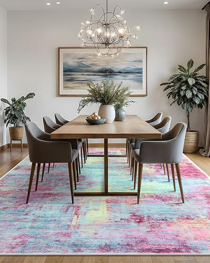 IOHOUZE Abstract Area Rugs 8x10 Ft Washable Large Rugs for Living Room, Non Slip Dining Room Rug, Printed Faux Wool Rugs for Bedroom, Floor Carpet for Office Nursery Playroom, Pink Teal