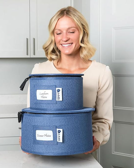 Hard Shell China Storage Containers 12-Piece Set Moving Boxes for Dinnerware, Glasses, Plates, Mugs and Saucers Sturdy Dish Organizer with Dividers for Seasonal Storage - Service for 12 - Denim Blue
