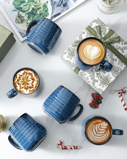 HASENSE Espresso Cups 8 oz, Small Coffee Cups Set of 6, Ceramic Mugs with Handle for Coffee, Tea, Cappuccino and Mocha, Dishwasher & Microwave Safe, Blue