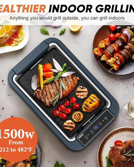Electric Grill, CUSIMAX Smokeless Indoor Grill & Griddle, Electric Korean BBQ Grill with Turbo Smoke Extractor & REPLACEABLE Filter Sponge, Smart LED Display, Larger Grilling Area, 1500W(New Model)
