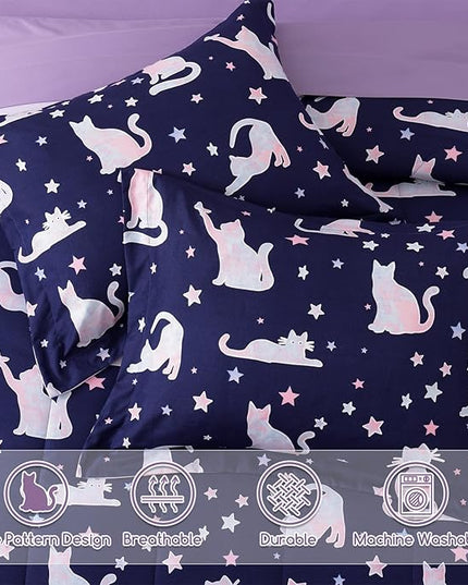 Full Size Comforter Set for Girls-7 Pieces Cute Cat Full Bedding Sets for Kids, Ultra Soft Bed in A Bag with Sheets