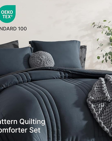 Monbix Twin XL Size Comforter Set - Extra Long 5 Pieces Dorm Bedding Sets, Quilting Design Fluffy Bed in a Bag Twin XL with Sheets, Pillowcase & Sham(Blue Grey)