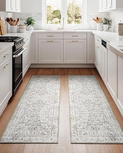 jinchan Lima Kitchen Runner Rug 2x5-2pcs, Vintage Hallway Rug Washable Floral Non Slip with Rubber Backing Soft Carpet Runner for Bedroom Laundry Room Living Room Taupe