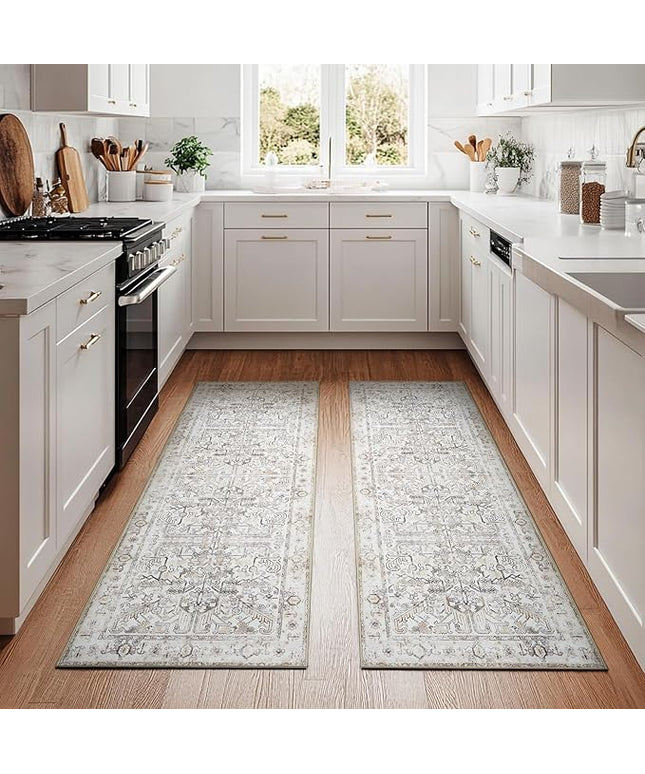 jinchan Lima Kitchen Runner Rug 2x5-2pcs, Vintage Hallway Rug Washable Floral Non Slip with Rubber Backing Soft Carpet Runner for Bedroom Laundry Room Living Room Taupe