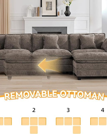 111'' Sectional Cloud Deep Seat Couch, Modern Comfy Chenille L Shaped Sectional Sofa for Living Room Set, Upholstered Modular 3-Seats Sofa Couch with 1 Movable Ottoman, Brown
