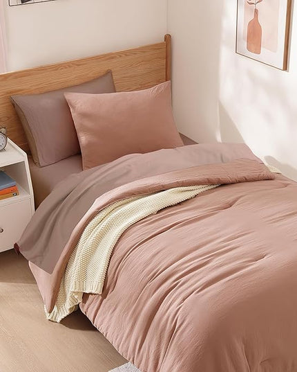 WRENSONGE Twin Comforter Set- 5 Pieces Clay Pink Twin Bed in a Bag, All Season Twin XL Bedding Sets with 1 Fitted Sheet, 1 Flat Sheet, 1 Pillow Sham and 1 Pillowcase