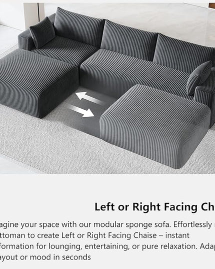 108”Modern Modular L-Shape Couch with Chaise, Modular Sectional Couches for Living Room, Deep Seat Boneless Sofa Bed, No Assembly Required Sleeper Sofa, Plush Corduroy Fabric, Dark Gray