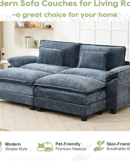 86" Modular Sectional Sofa, Comfy Cloud Couch Sectional Sofa with Ottoman, Chenille Sofa Sleeper Deep Seat Sofa with Throw Pillows for Living Room (Blue)