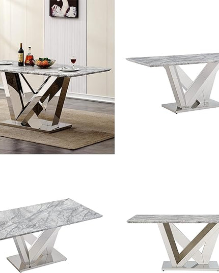 70 Inch Modern Rectangular Dining Table for 6, Faux Marble Top with Mirrored Stainless Steel Base, Large Kitchen Table for Dining Room, Living Room, Office, Conference, (Table Only) (Silver + Grey)