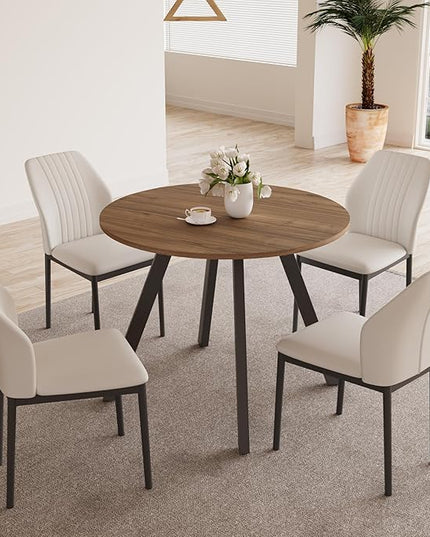 34.6'' Round Dining Table and Chairs for 4 Space Saving for Apartment Kitchen Dining Room (Walnut Table+4 White Chairs)