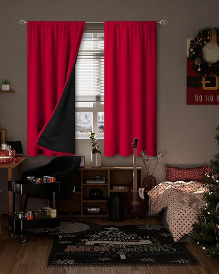BGment Christmas Thermal Insulated 100% Blackout Curtains for Bedroom Decoration with Black Liner, Double Layer Full Room Darkening Noise Reducing Rod Pocket Curtain (52 x 63 Inch, Red, 2 Panels)