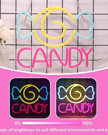 Neon Sign for Wall Decor, Lights for Workshop, Business Signs - Suitable for Man Cave Bar Pub Restaurant - 5V Power Adapter with Hanging Chain Hooks (CANDY)