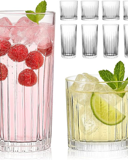 Laerjin Drinking Glasses Set of 8, 12 oz Highball Glasses & 10 oz Cocktail Glasses Set, Ribbed Glass Cups,Thick Glass Cups, Kitchen Water Glasses Cup, Bar Tumbler Glassware for Beer, Whiskey(Clear)