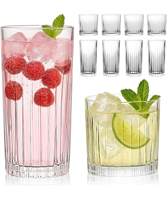 Laerjin Drinking Glasses Set of 8, 12 oz Highball Glasses & 10 oz Cocktail Glasses Set, Ribbed Glass Cups,Thick Glass Cups, Kitchen Water Glasses Cup, Bar Tumbler Glassware for Beer, Whiskey(Clear)
