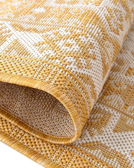 Rugs.com Outdoor Aztec Collection Rug – 8 Ft Runner Yellow Flatweave Rug Perfect for Hallways, Entryways