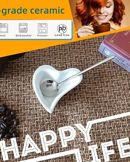 Coffee & Tea Spoon and Rest Set for Coffee Bar Accessories, Heart Cute Mini & Small Coffee Spoon Rest & Holder for Coffee Station & Bar, Teaspoon Rest & Holder (White Rest with Silver Spoon)