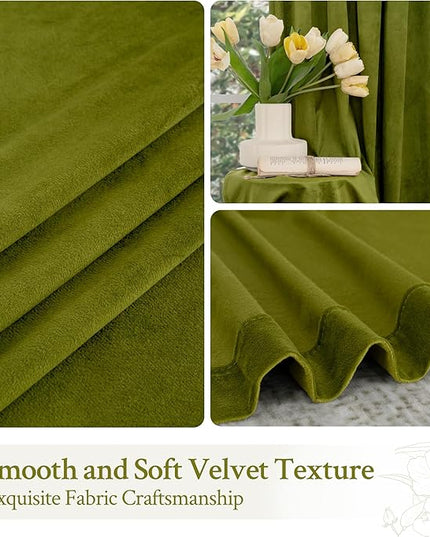 LAMIT Velvet Curtains 90 Inch Length for Living Room, Vintage Thermal Insulated Room Darkening Drapes Super Soft Back Tab and Rod Pocket Window Panels for Bedroom, 2 Panels, Moss Green, 52 x 90 Inch