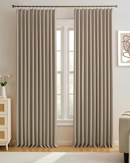 Pleated Blackout Curtain Drapes for Window 105" L - Triple Weave Vertical Energy Saving Solid Pinch Pleat Hook Room Divider Blackout Panels for Patio (72" Wide per Panel, 2 Panels, Khaki)