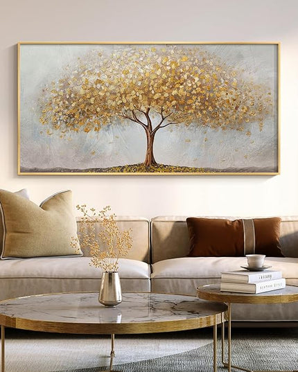 Large Framed Tree of Life Gold Wall Art, Modern Canvas Prints Paintings Artwork for Walls, Luxury Golden Big Tree Pictures for Bedroom Dining Room Fireplace Office Living Room Wall Decor