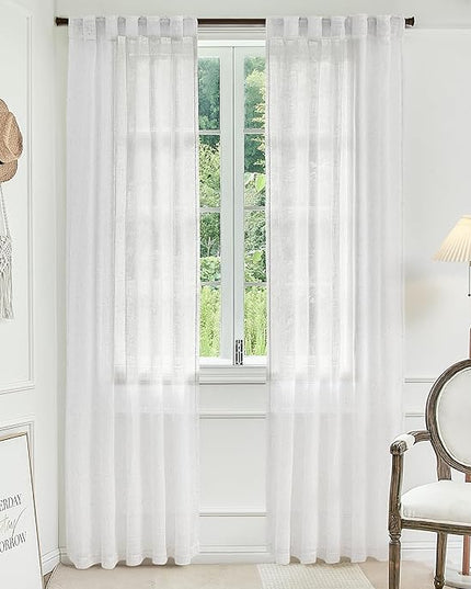 Greyish White Sheer Linen Semi Sheer Curtains 84 Inches Long for Living Room Sliding Glass Door,Light Filtering Textured Back Tab Rod Pocket Bedroom Boho Farmhouse Curtain 2 Panel Sets,34x84 in Length