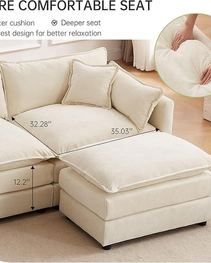Modular Sectional Sofa, 112.2 Inch L Shaped Couch Set with Armrests, 3-Seater Comfy Cloud Couches with Movable Ottoman for Living Room Apartment, Beige