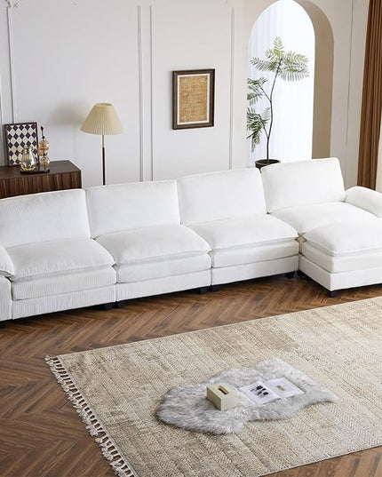 VINGLI 156" Cloud Corduroy Sectional Sofa, Comfy L-Shaped Extra Deep Seat Sofa Couch for Living Room,Modern 4-Seat Convertible Loveseat Sofa with Ottoman for Small Space(White)