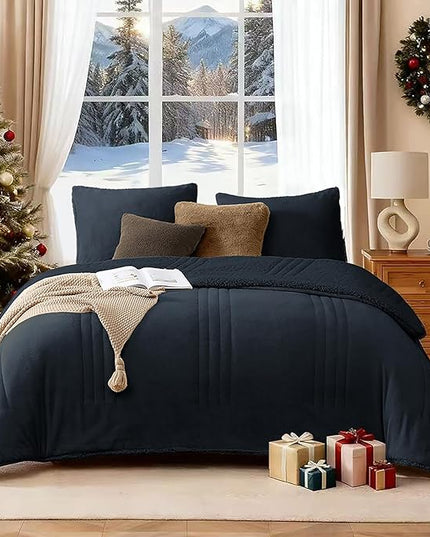 Monbix Fluffy King Size Comforter Set Navy Blue, Sherpa Plush Fuzzy Comforter 3 Piece for King Size Bed, Luxury Soft Winter Warm Bedding Set