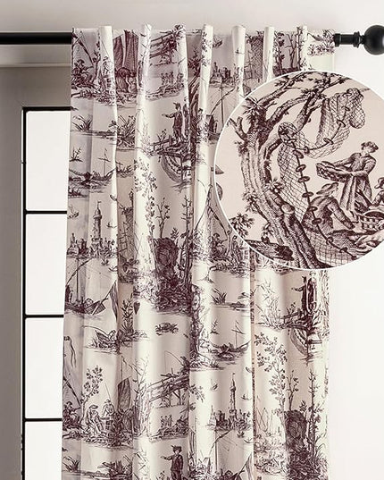 Maison d' Hermine Curtains for Living Room 100% Cotton 84 inch Length One Panel Light Filtering Toile Curtains for Bedroom Windows with Rod and Loop Pockets Drapes (Calais Charcoal, 50" W x 84" L)