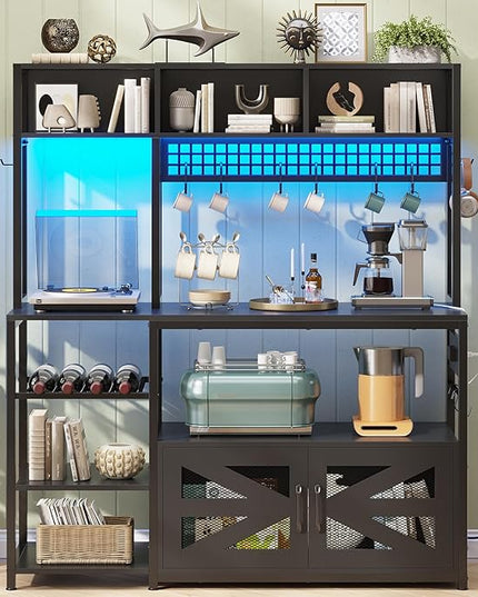 Itaar 47.2 Inch Bakers Rack with Power Outlet, Microwave Stand with Storage, Farmhouse Coffee Bar Cabinet Station with Wine Rack, Iron Mesh and 8-S Hooks (Black)
