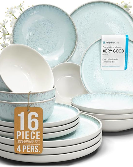 Stoneware dinnerware set 4 persons 16 pcs – Modern style plates and bowls set ceramic – Dishwasher, microwave and scratch resistant – Bowl and plate set – Dinner service Pure Living beige & light blue