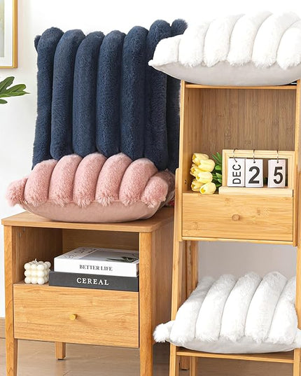 Touchat Pack of 2 Faux Fur Pillow Covers, 18x18 Inch Decorative Throw Pillow Covers with Hidden Zipper, Ultra Soft Couch Cushion Pillows Covers for Sofa/Bedroom Wide Stripe, Navy