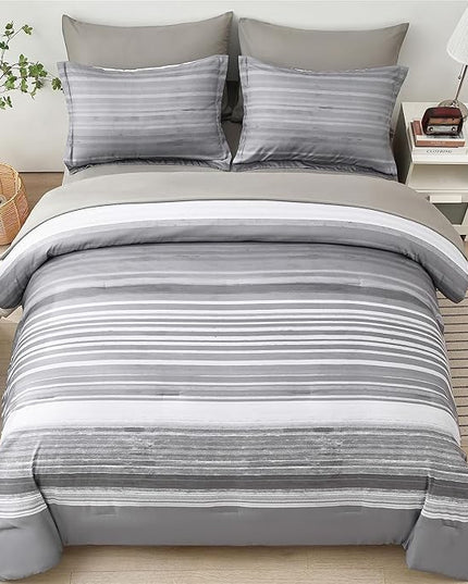 KAKIJUMN 5 Piece Bed in a Bag Stripe Comforter Set Twin Size, White Grey Patchwork Striped Comforter and Sheet Set, All Season Soft Microfiber Complete Bedding Set(Light Grey,Twin)