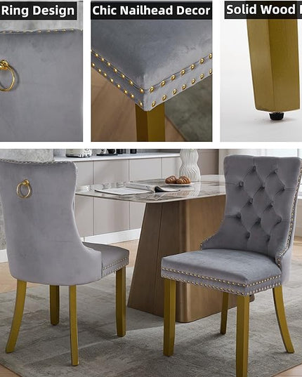 Modern 7-Piece Glass Dining Table Set for 6, Modern 60" Rectangle Gold Glass Dining Room Table Set with Light Grey Velvet Tufted Chairs Wood Legs for Kitchen Dining Room