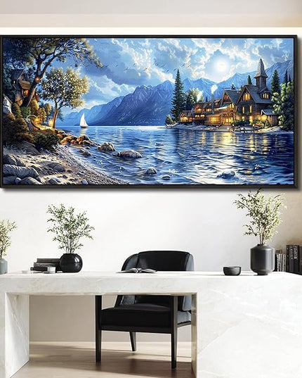 XIGUANGART Large Canvas Wall Art Blue Ocean Picture Mountain Wall Decor Lake Beside Countryside Coastal Framed Artwork for Living Room Bedroom Home Office Hotel Forest Scenery Painting Decoration