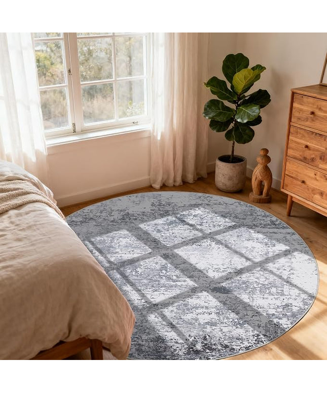 Modern Abstract 8x8 Round Area Rug Non Slip Non Shedding Rug Low Pile Stain Resistant for Bedroom Living Room Office Dining Room,Light Grey