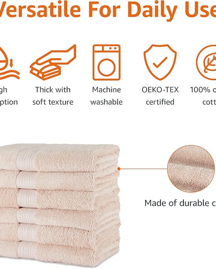 Amazon Basics Fade-Resistant 100% Cotton Hand Towel, 6 Pack, 16"x26", Blush Pink