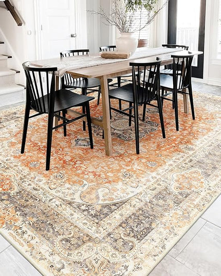 8x10 Area Rugs Washable,Boho Rug for Living Room Bedroom Dining Room,Large Vintage Bohemian Farnhouse Distressed Carpet Non Slip,Retro Orange Grey Floral